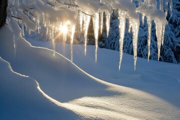 Wall Mural - Icicles Hanging from a Snowy Branch with Sunlight Filtering Through