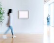 © Ryzhkov - Minimalist Indoor Setting with Blank Frame and Motion Blur of People Passing By - Pastel Color Scheme