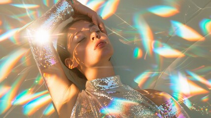Aufkleber - Young Woman in Sequin Dress with Rainbow Light Effects - Elegant and Dreamy with Bokeh and Natural Light