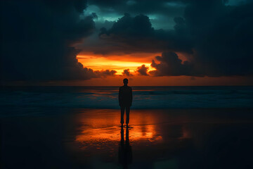 Silhouette of Person Standing on Beach with Orange Sunset and Dark Clouds