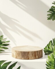 Aufkleber - Minimalist Wooden Podium Surrounded by Green Leaves Against Clean White Background with Soft Shadows in Natural Bright Light