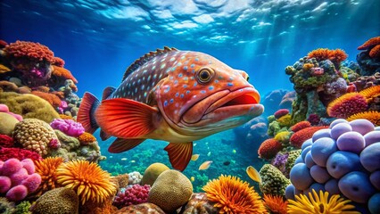 Sticker - Vibrant Grouper Fish Swimming in Clear Blue Ocean Water Surrounded by Colorful Coral Reef Life