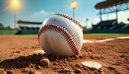 Close-up of a baseball resting on a dirt field with ample space for text, ideal for advertisements or sports-related concepts