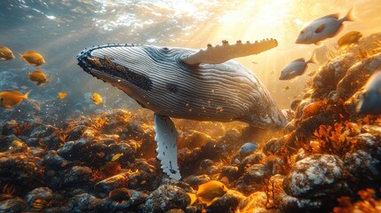 Wall Mural - Humpback Whale Swimming in the Ocean with Sunbeams