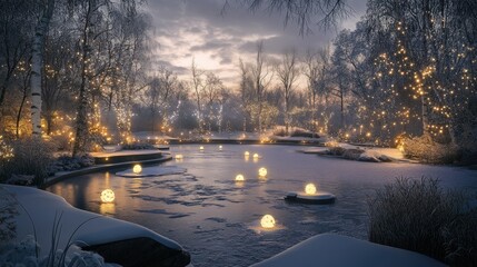 Wall Mural - A peaceful winter landscape with a frozen pond, illuminated by surrounding light installations, creating a magical ambiance.