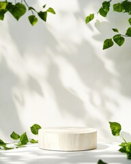 Aufkleber - Bright Minimalist Wood Podium Mockup with Green Leaf Shadows against White Background, Ideal for Product Showcase in Natural Light
