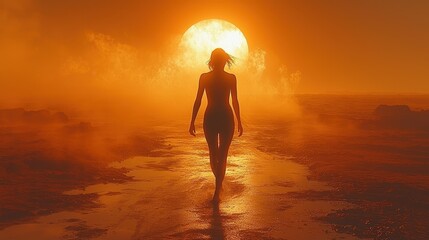 Sticker - Woman Walking Towards Sunset on a Mystical Beach