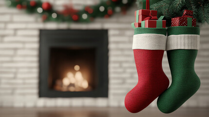 Wall Mural - Christmas stockings adorned with gifts, hanging by a cozy fireplace, creating a warm and festive atmosphere for the holiday season.