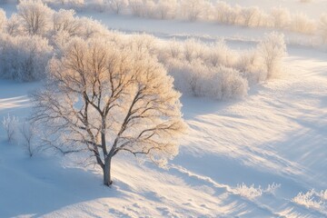 Sticker - Solitary Tree in a Snowy Landscape at Sunrise