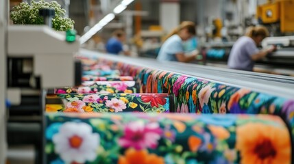 A row of heat transfer printers producing vivid floral designs on fabric, with workers monitoring production quality