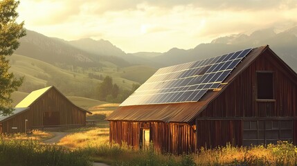 Wall Mural - Rural Wooden Barn with Solar Panels and Mountain View