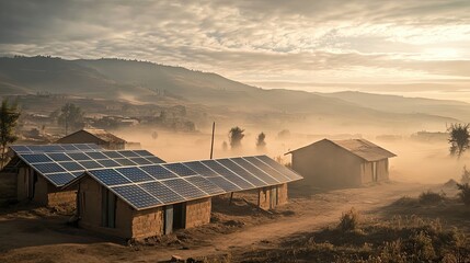 Wall Mural - Solar Panels on Rural Homes in a Misty Valley