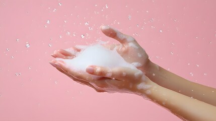 Close-up of hands washing with minimal soap and white foam against a soft pastel pink background. Clean, hygienic, and focused on personal care with copy space for text.
