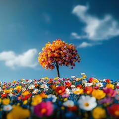 Wall Mural - Low-angle view of a tree surrounded by colorful wildflowers