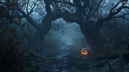 Foggy forest entrance with twisted tree branches and a dimly lit pumpkin trail, perfect for adventure games, ultra HD.