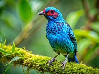 Wall Mural - Vibrant Spangled Cotinga Bird Perched on Branch in Lush Green Rainforest Environment