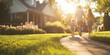 © Jaruwan photo - serene image of family walking together on sunny day, surrounded by blooming flowers and lush green grass, creating warm and joyful atmosphere