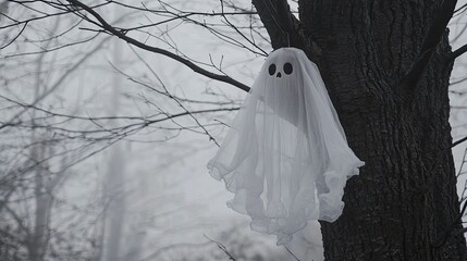 A spooky ghost decoration hanging from a tree, gently swaying in the wind with fog surrounding it.