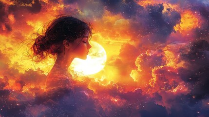 Wall Mural - Woman Silhouette in Fiery Sky with Moon