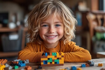 Wall Mural - Smiling Child Playing with Building Blocks