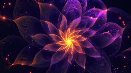 Luminous line art of a black concentric spiral flower with glowing orange and purple highlights, creating a radiant look on a dark background