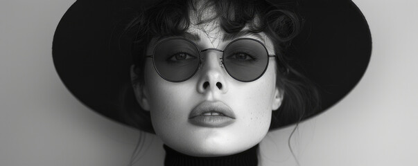 striking black and white portrait featuring woman with curly hair, wearing round sunglasses and wide brimmed hat. image captures sense of mystery and elegance