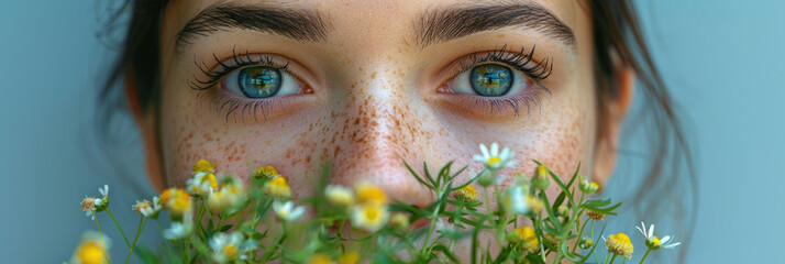 close up portrait of woman with striking blue eyes and freckles, holding bouquet of small yellow and white flowers. image conveys sense of connection to nature and beauty