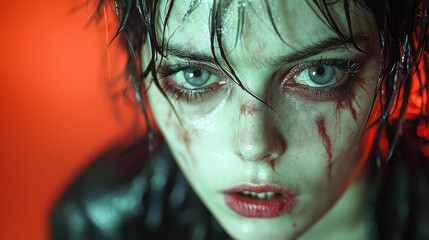 Canvas Print - Woman with Blood and Water on Face  Dramatic Expression