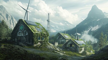 Wall Mural - Sustainable Houses and Wind Turbines in Mountainous Terrain