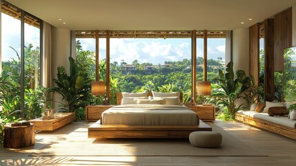 Wall Mural - Modern Tropical Bedroom Interior Design with Wooden Bed and Large Windows