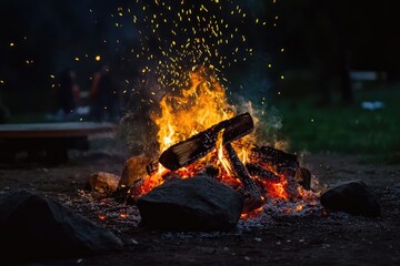 Canvas Print - A Fiery Bonfire With Sparks Rising In The Night