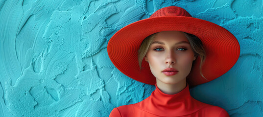 woman in vibrant red outfit and wide brimmed hat poses against textured blue wall, exuding confidence and style. contrast of colors creates striking visual impact