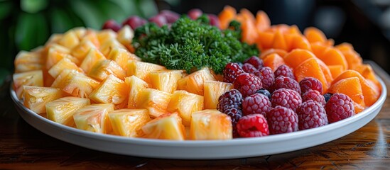 Wall Mural - Fresh Fruit Platter with Pineapple, Apricots, and Raspberries