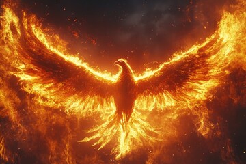 Canvas Print - A Phoenix Bird Rising from Flames with its Wings Spread Open