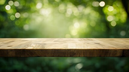 Poster - Wooden table with green bokeh background for product display or food photography  