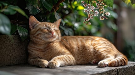 Cute Orange Tabby Cat Relaxing Under Lush Green Foliage