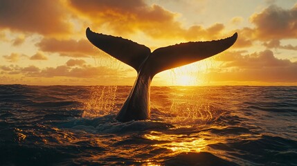 Wall Mural - a whale's tail breaks the surface of the ocean at sunset, creating a beautiful silhouette against th