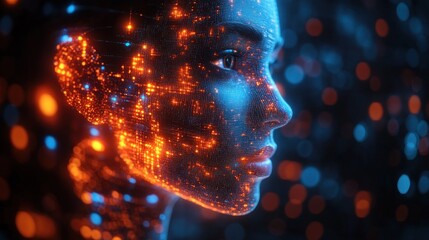 Poster - Digital Portrait -  A futuristic depiction of a woman's face, composed of glowing digital particles.