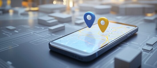 Smartphone with GPS Navigator: Two Location Pins Hovering Above a City Map Display for Travel Planning, Route Optimization, and Location-Based Services in Mobile Apps