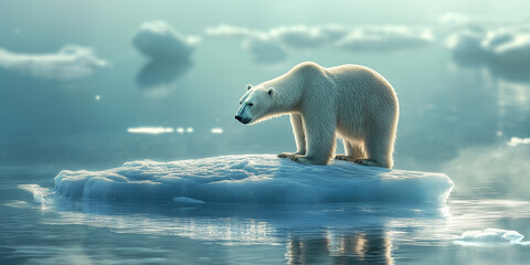 A polar bear stranded on a small, melting ice floe in the Arctic