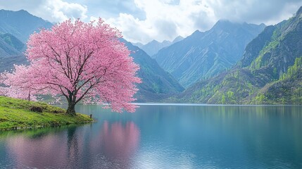 Wall Mural - Pink Cherry Blossom Tree Reflected in a Mountain Lake