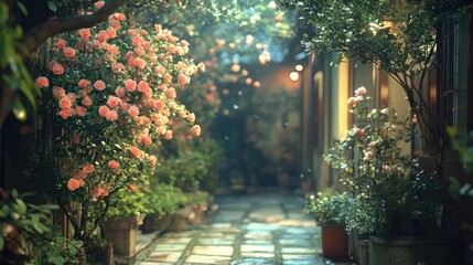 Canvas Print - A Tranquil Alleyway with Blossoming Roses