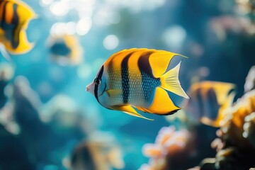 Wall Mural - A Close-Up of a Yellow and Blue Striped Fish Swimming in Blue Water