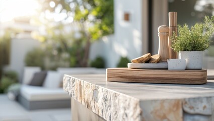 A serene outdoor scene featuring a stylish wooden table adorned with spice grinders, a fresh herb plant, and rustic wood slices, bathed in warm, glowing sunlight and natural beauty.