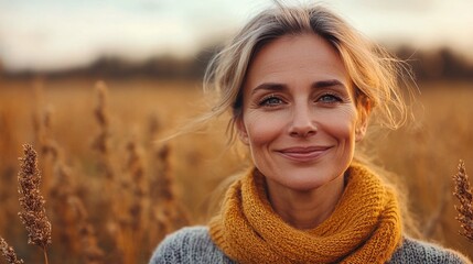 mature woman smiling in beautiful nature field, serene landscape with peaceful surroundings, happy joyful woman enjoying outdoor beauty and relaxation, portrait in calm nature background