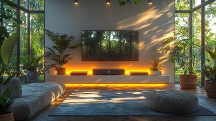 Sticker - Modern Living Room with TV  Plants  and Natural Light