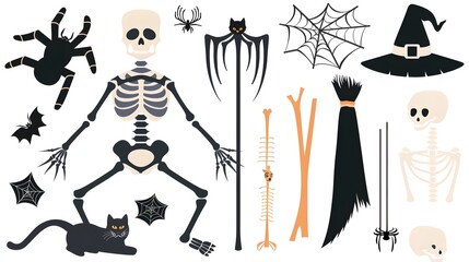 Flat vector Halloween icons showcasing a stylish skeleton, perfect for festive decorations, graphic designs, and seasonal themes that celebrate the fun and eerie spirit of Halloween