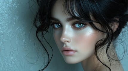 Wall Mural - Beautiful Woman with Blue Eyes and Long Black Hair