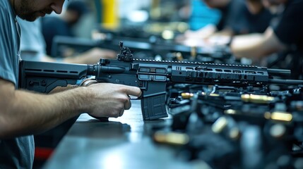 Firearm assembly line with skilled workers assembling rifles and handguns, emphasizing precision in every component.