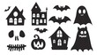 © F - Simple Halloween symbols featuring a classic pumpkin lantern, a flying bat, a haunting silhouette of a haunted house, and a spooky ghost face, creating an engaging and minimalistic representation